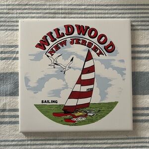Vintage Ceramic Tile Trivet Wildwood New Jersey Sailboat Decor 1970 1980 Sailing